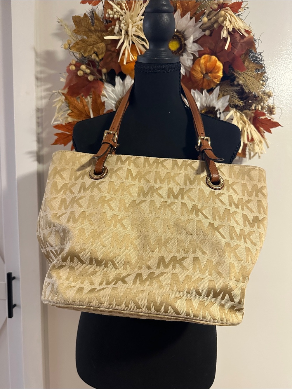 Michael Kors Beige MK Logo Tote with Brown Leather Handles